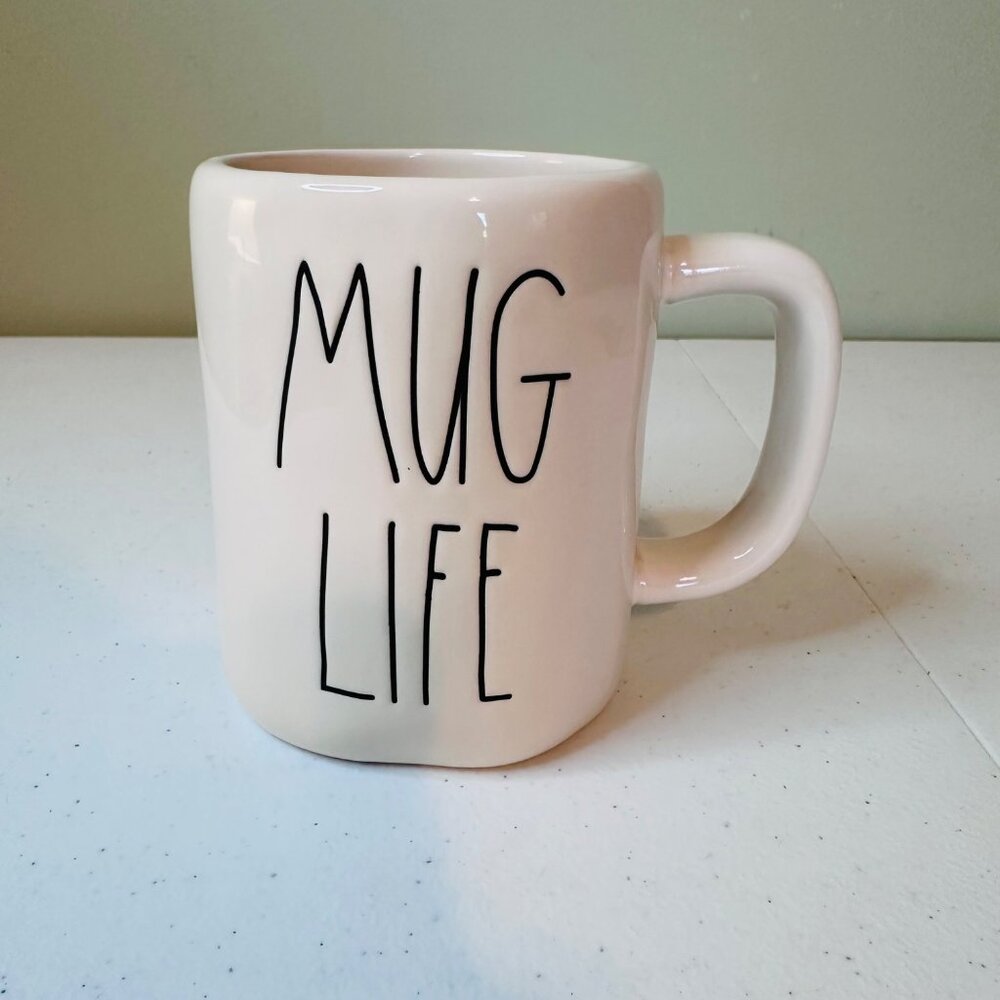 Rae Dunn "Mug Life" Ceramic Coffee Mug White Black Text elongated letters